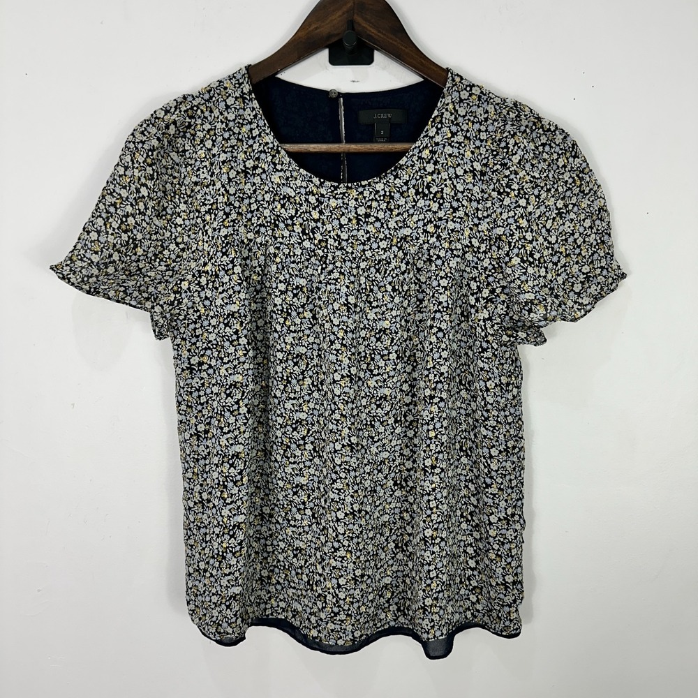 J.Crew Silk Blend Top 2 Blue Floral Metallic Gold Blouse Quiet Luxury Cottage